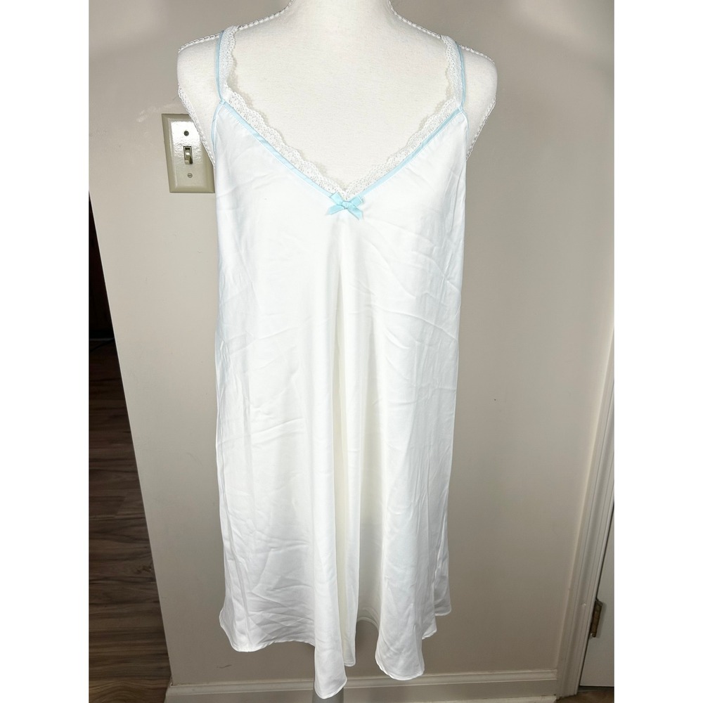 Flora by Flora Nikrooz White Lace Trim Slip Dress Nightie Women L Chemise Dainty